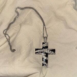 Silver and Black Cross Pendant stainless steel Necklace 24”